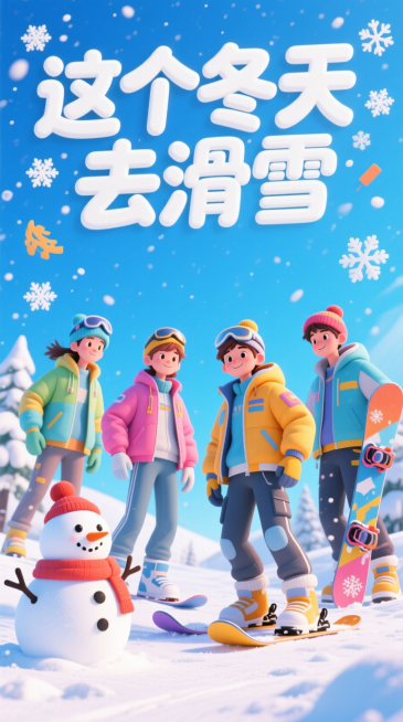 3D卡通风格，以蓝天雪地为背景，画面中有几位穿着潮流冬装的年轻人，搭配雪人、滑雪板、雪花装饰，上方有大号白色圆润艺术字“这个冬天去滑雪”预览效果