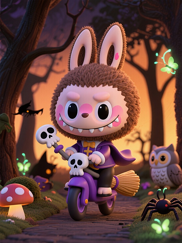 软3D风拟人兔骑着骷髅车，穿梭于梦幻森林，融合可爱与神秘感，毛发生长质感细腻，卡通与虚拟现实交织，营造万圣节奇幻氛围。