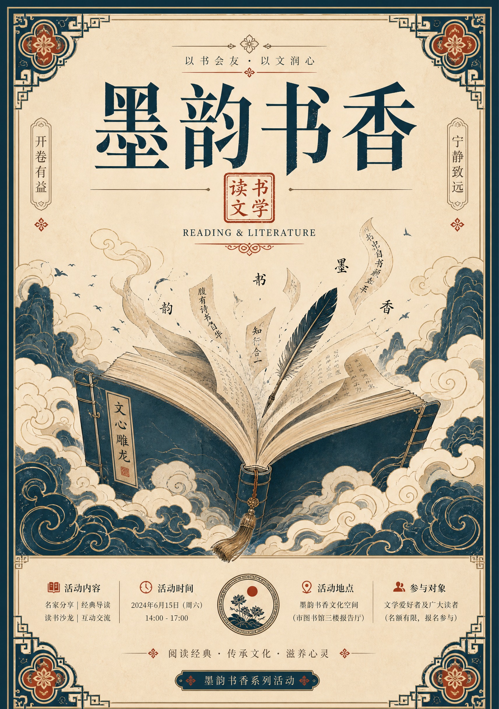 A3竖版宣传海报设计，主题为"墨韵书香"读书文学系列。扁平化插… - 图片创意预览