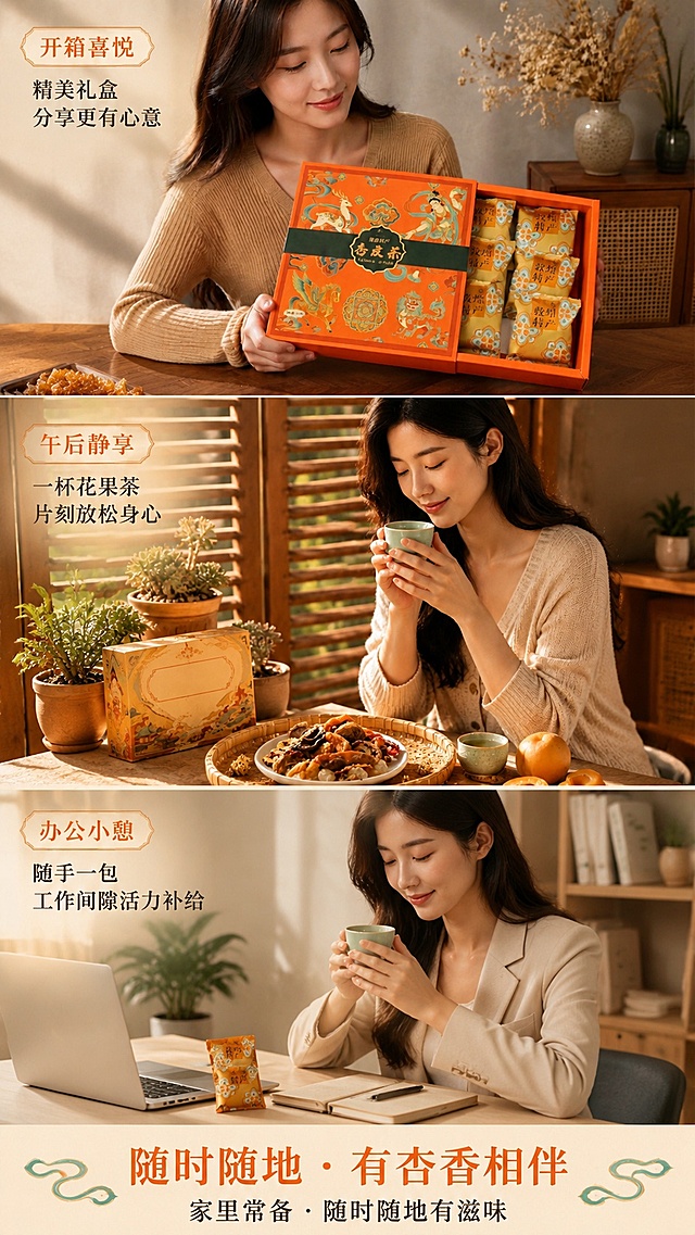 [第6屏] 多场景享用——生活化饮用时刻拼图. 本屏使用【图8】（女性持礼盒微笑）与【图9】（女性窗边品茗）作为核心人物素材，构图采用3段竖拼式（上/中/下），每段独立场景但统一色调与字体。[氛围/风格] 情感共鸣型生活摄影，暖光自然光为主，三场景分别呈现：①居家开箱喜悦、②午后窗边静享、③办公桌小憩；整体保持敦煌色系延续性（橙红+青绿+米白）。[元素布局] - 上段（30%高）：【图8】局部裁剪——女性双手托礼盒，背景虚化木质桌面+干花; - 中段（40%高）：【图9】完整画面——女性侧脸轻嗅茶杯，窗影斜照，竹编托盘盛原料+小杯； - 下段（30%高）：新构图——办公桌场景（模拟），笔记本旁放茶杯与独立小包，手部轻握杯身；三段间以极细青绿分隔线衔接; 底部统一信息条「家里常备 · 随时随地有滋味」.[光影质感] 各段光源方向一致（左上45°柔光），确保人物肤色自然、产品清晰；无过曝或死黑区域.[配色色系] 全局底色 #F5E9D9；主色橙红 #E67E22（标题/分隔线）；辅助色青绿 #3498DB（植物/纹样）；文字色 #2C3E50.[视角构图] 三段均为平视视角，人物肩部以上入镜，产品（茶杯/礼盒/小包）在各段占比≥50%.[文字版式] 每段顶部加小标题（12px）：「开箱喜悦」「午后静享」「办公小憩」；主标统一居中底部「随时随地 · 有杏香相伴」（圆润黑体，#E67E22）；禁用重复短语，每段卖点差异化.[比例分辨率] 9:16, 4K高清0，拼图无缝衔接，文字≥24px.[负向提示词] 场景割裂、人物表情不自然、产品变形、文字重叠、水印、虚构场景（如健身房/车内）.