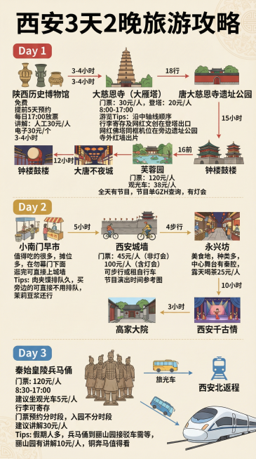 生成一张西安三天两晚旅游攻略图，保留所有原文字内容，调整背景颜色为更清爽的浅色系，更换为更清晰现代的字体，按照Day1到Day3的行程顺序重新排版，Day1：陕西历史博物馆→大慈恩寺（大雁塔）→唐大慈预览效果