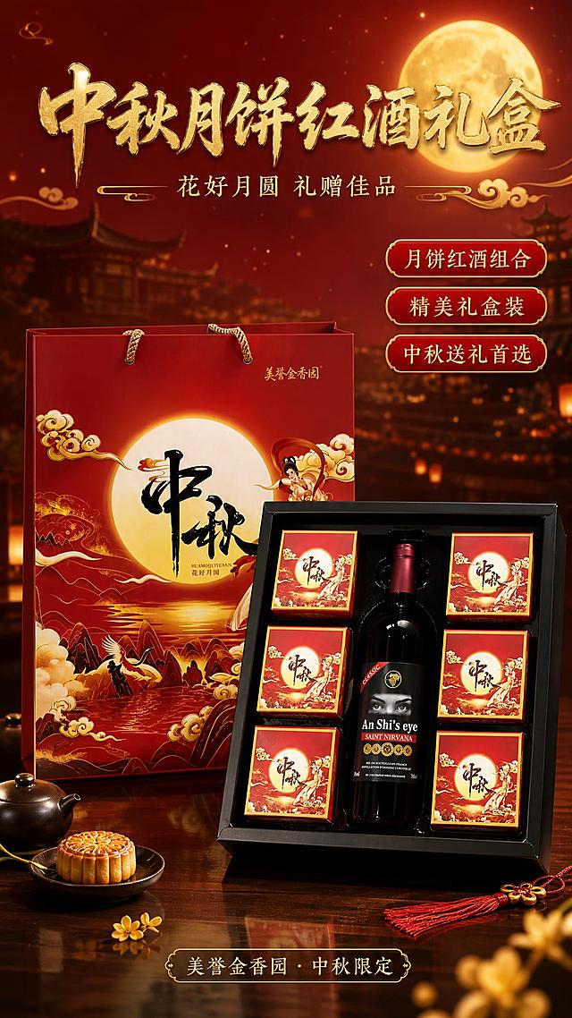 基于上传的中秋月饼红酒礼盒商品图，生成一张竖版电商海报。产品主体为打开的黑色礼盒，内含6个红色月饼小盒和1瓶红酒，礼盒外配有红色手提袋，印有嫦娥奔月与中秋字样。产品100%还原上传商品图的外形、包装、LOGO、印刷文字、配色与结构，以上传图为唯一商品主体来源，完整保留礼盒、月饼小盒、红酒瓶的造型、标签版式、品牌文字与正面朝向，设计仅作用于背景、光影、道具、版式和文字区。商品主体占画面55%~70%，文字不遮挡主体。

背景为中秋节日氛围：深红色渐变夜空，一轮金黄满月高悬，祥云缭绕，远处隐约可见中式古建筑飞檐剪影，整体氛围喜庆温暖、高端礼赠感。产品放置在深棕色木质台面上，台面有柔和反光，侧前方暖金色柔光照射，阴影柔和自然，画面有景深效果。

画面顶部主标题大字："中秋月饼红酒礼盒"，副标题："花好月圆 礼赠佳品"，字体为烫金质感的书法体，金色描边。画面左侧或右侧有3个卖点标签："月饼红酒组合"、"精美礼盒装"、"中秋送礼首选"，标签为红底金边圆角矩形。画面底部有品牌小字："美誉金香园 · 中秋限定"。版式精美，层级分明，四周留足安全边距，文字清晰可读。

画面中所有信息区域必须填充完整合理的内容，不得出现空白框、空白占位、横线待填写区域、空列表项、空单元格。画面中所有数字必须精确渲染，不得错位、遗漏或编造。写实商业摄影风格，超高清画质，材质质感真实。