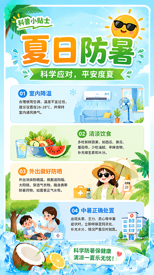 有趣生动的扁平插画风格高温防暑科普海报，替换为不同的防暑科普内容，主标题"夏日防暑"，副标题"科学应对，平安度夏"，包含四个新的防暑提示：1.室内降温，合理使用空调温度不宜过低；2.清淡饮食，多吃蔬果少吃油腻；3.外出做好防晒，随身携带防暑药物；4.中暑正确处置，及时就医。整体配色清爽，使用浅蓝色和黄绿色为主色调，画面加入冰块、椰树、柠檬、风扇等新的夏季元素，排版精美，主次分明，所有文字清晰可读，四边保留安全边距，氛围活泼生动，和参考图为同类型但内容、元素不同的高温防暑科普海报。