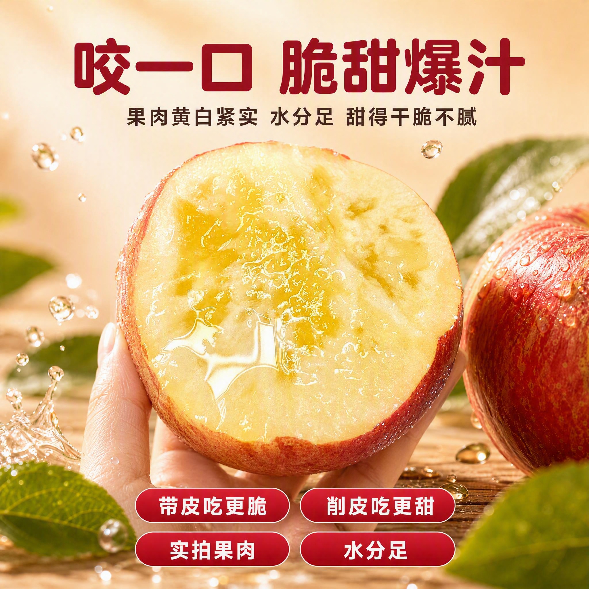 将海报中切开的苹果主体直接替换为参考图中的糖心苹果（带手拿着的… - 图片创意预览