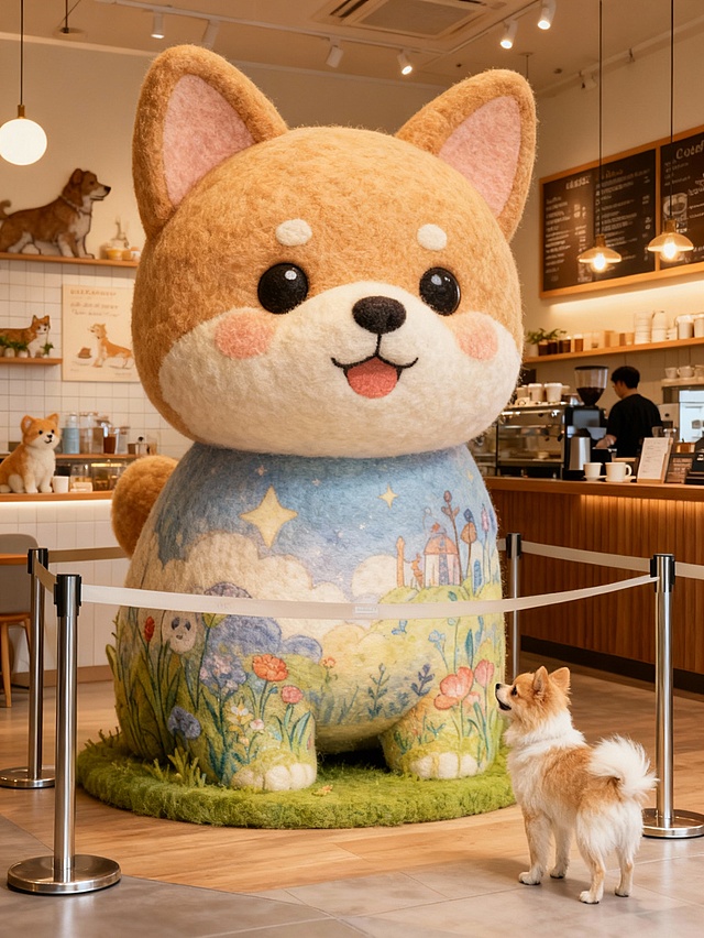 把图片主体做成充满创意和梦幻色彩的绘本风格的巨型毛毡艺术卡通风格雕塑放置在画面中心（主体的穿搭保持不变），主体站在一旁欣赏（与巨型主体形成比例反差），围栏隔离展示，背景是宠物咖啡店