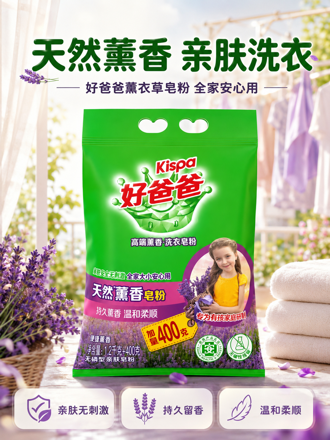 [商品] 使用【图1】好爸爸薰衣草天然薰香皂粉绿色包装袋；保留… - 图片创意预览