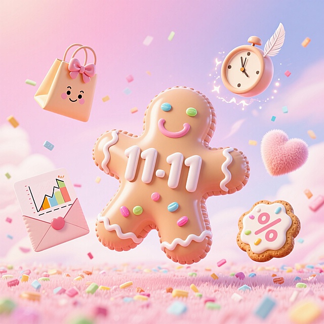 软3D风拟人姜饼人，搭配卡通购物袋、时钟与彩带，营造甜蜜可爱氛围，点缀双十一节日元素，粒子飘洒，童趣满满。