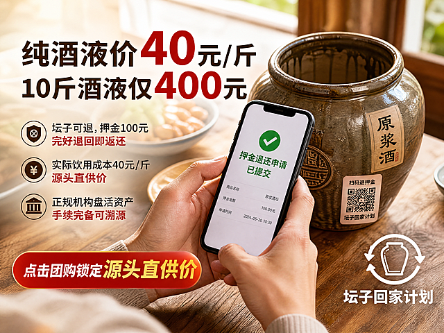 明亮温暖家庭餐桌场景，特写一双手正在手机扫码，手机屏幕显示押金退还申请已提交，桌面上放着刚喝完的空酒坛，坛口敞开内壁挂满酒液痕迹，旁边有循环标志图标和文字坛子回家计划。叠加核心文案：
纯酒液价40元/斤，10斤酒液仅400元
坛子可退，押金100元完好退回即返还
实际饮用成本40元/斤，源头直供价
正规机构盘活资产，手续完备可溯源
点击团购锁定源头直供价，纪实风格，尺寸比例4:3