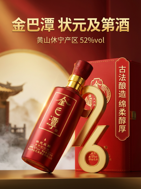 白酒产品详情页，红金主色调，酒瓶斜向展示，金色大号数字产品标识，顶部金色粗体标题，下方白色小字标注产区与酒精度，右侧红色背景配白色+金色卖点文案，轻奢简约风格，高清8K，商业海报排版，光影层次感强，黄预览效果