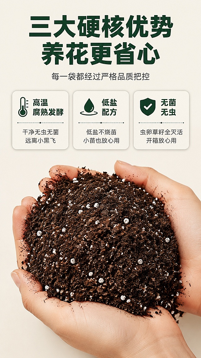 [第4张] 详情页产品优势细节页-高温腐熟低盐无虫三大优势。本张使用土壤实拍图作为土壤质感参考。

写实商业摄影风格，微距特写质感，高清细节，干净明亮，专业可信。

画面主体是一双东亚女性的手，掌心向上捧着满满一大捧蓬松的营养土，土壤中清晰可见深褐色泥炭纤维、白色珍珠岩颗粒、棕褐色松鳞树皮碎片，土质蓬松松散颗粒分明，有少量土粒沾在手上和手指缝中，真实自然。双手位于画面中央偏下位置。

画面上方有三个横向排列的圆角信息卡片，分别展示三大优势：
1. 高温腐熟发酵 - 卡片内有温度计图标，文字"干净无虫无菌 远离小黑飞"
2. 低盐配方 - 卡片内有水滴图标，文字"低盐不烧苗 小苗也放心用"
3. 无菌无虫 - 卡片内有盾牌图标，文字"虫卵草籽全灭活 开箱放心用"

顶部主标题"三大硬核优势 养花更省心"，深绿色粗黑体大字；副标题"每一袋都经过严格品质把控"，灰色细体字。

背景是浅米色纯色背景，干净简洁，突出双手和土壤主体。柔和的顶光照明，土壤颗粒有清晰的立体感和质感，手部皮肤真实自然。

全局底色 #F5F0E8（浅米杏色）；主色深绿色；辅助色米白、暖棕、土壤褐色。

上下构图：顶部标题 → 中部三个优势卡片 → 下部双手捧土主体。阅读动线从上到下。

9:16 竖版比例，2K 分辨率，文字清晰可辨，高清画质。