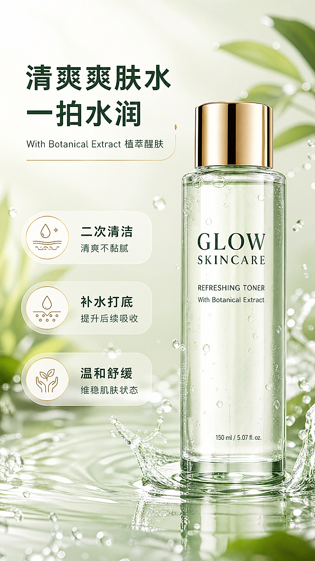 [商品] 使用【图1】右侧透明瓶爽肤水（REFRESHING TONER）；保留透明玻璃瓶身、金色瓶盖、GLOW SKINCARE与REFRESHING TONER等所有瓶身文字、标签图案与颜色比例；产品真实摆放，不改变结构。
[画面] 页面目标：展示爽肤水清爽补水、二次清洁的核心价值。构图：爽肤水大瓶居画面右侧，占约50%；左侧为文案区，瓶身周围环绕透明水珠与水波纹；前景有水珠飞溅，中景产品与水元素，后景虚化绿植与浅绿渐变背景，≥3层视觉层次。
[视觉] 套系策略：风格=清新自然高级商业摄影风，水光通透质感；标题字=现代简约无衬线粗体；正文字=简洁无衬线体；主色=浅薄荷绿+米白；背景延展=基于浅绿做深浅渐变、水光朦胧感与植物叶片虚化层次；强调色=香槟金，仅用于小面积图标描边、引线、标签和高光；标题色=深墨绿；正文色=中灰绿；组件=圆角浅底信息卡、圆形利益icon、细线引线；光影=左前侧柔和自然光，玻璃瓶身有通透高光与水折射效果。
[文字] 左上主标题「清爽爽肤水 一拍水润」，副标题「With Botanical Extract 植萃醒肤」；下方3个卖点：「二次清洁 清爽不黏腻」「补水打底 提升后续吸收」「温和舒缓 维稳肌肤状态」；文字均横向排版，不遮挡瓶身主标签，字号保证手机端清晰可读。
[规格] 图片比例9:16竖版，4K分辨率，负向提示：避免变形、错字、文字过小、产品颜色改变、瓶身文字错乱、冷蓝灰背景、绝对化用语。
