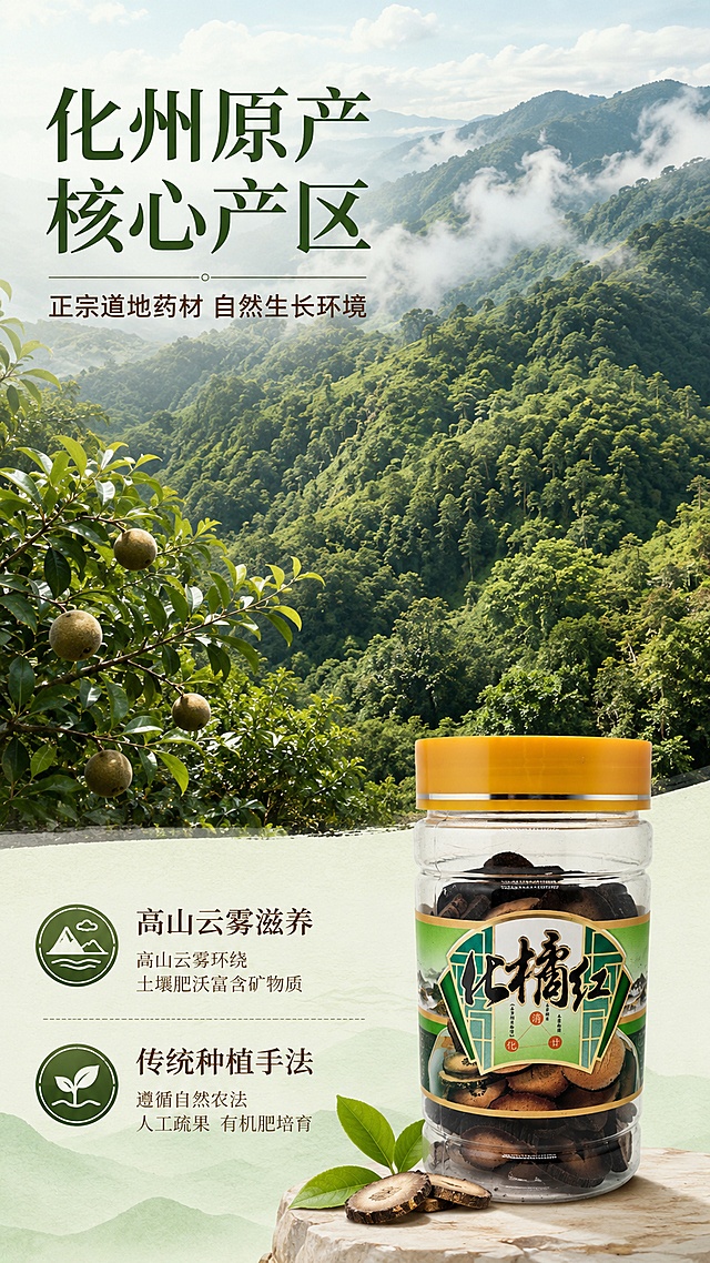 「图片1」，生成一套详情页，商品名称为化橘红，适配淘宝/天猫平台，单图比例为9:16，需求屏数为5张。