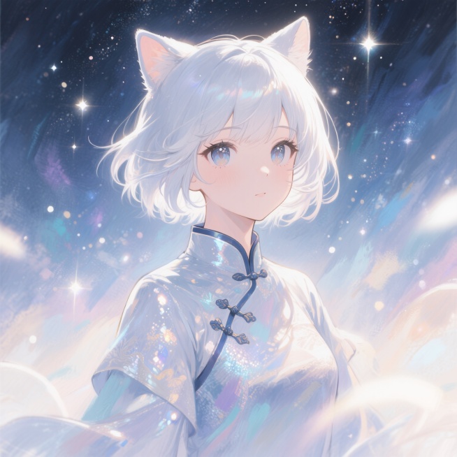 日系动漫风格的猫耳少女，银白色短发，眼神灵动，穿着汉服，背景是梦幻的星空，整体画面充满光感，光线柔和，色彩鲜明，细节精致预览效果