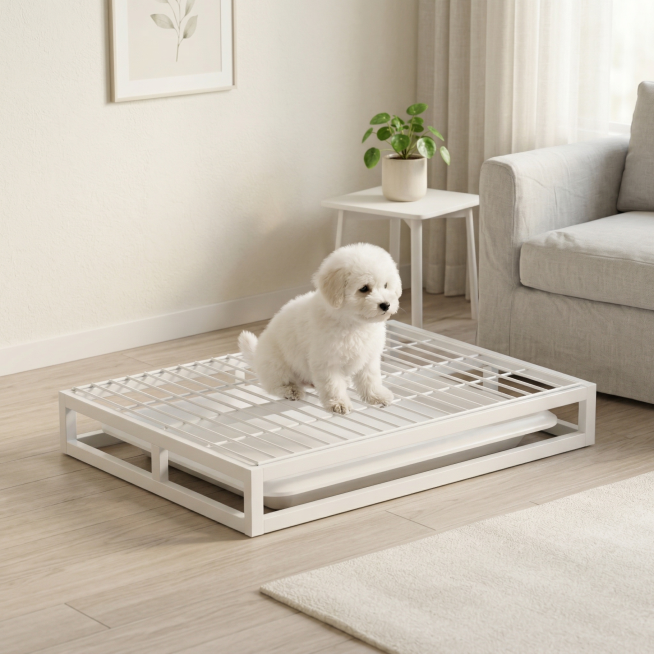 保持狗厕所主体物理结构不变，不改变产品主体，将狗厕所整体修改为纯白色，凸显狗厕所主体，金属框架结构完整保留，生成温馨小清新氛围的客厅角落场景，一只比熊小狗正在狗厕所上如厕，现代简约奶油风，柔和漫射柔光预览效果