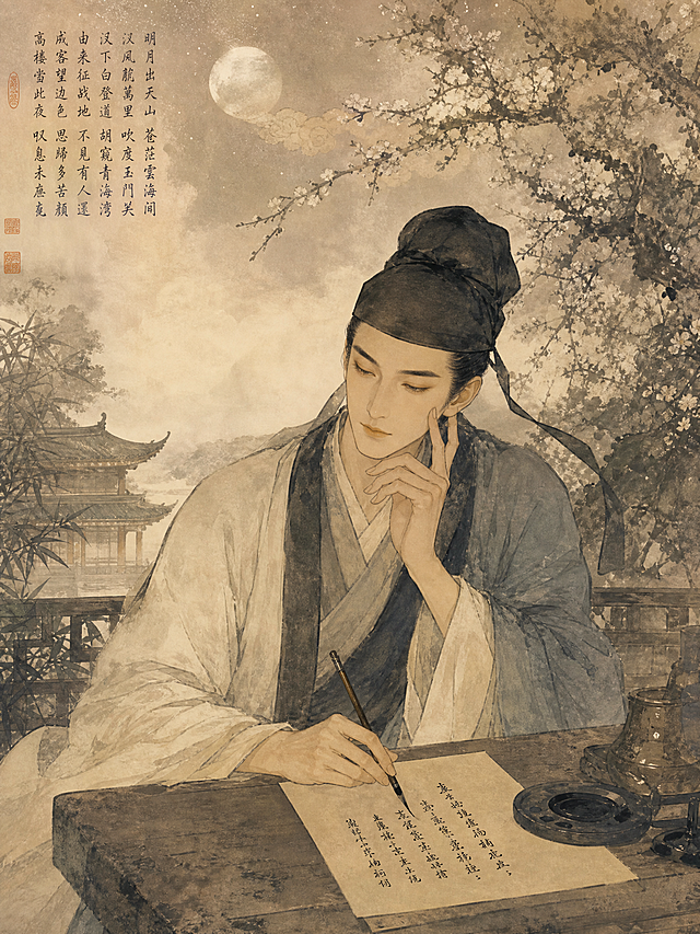 A young Tang dynasty poet with a long face and slender fingers writing poetry in a garden, dreamy celestial atmosphere, ink wash painting style, soft warm lighting, high resolution