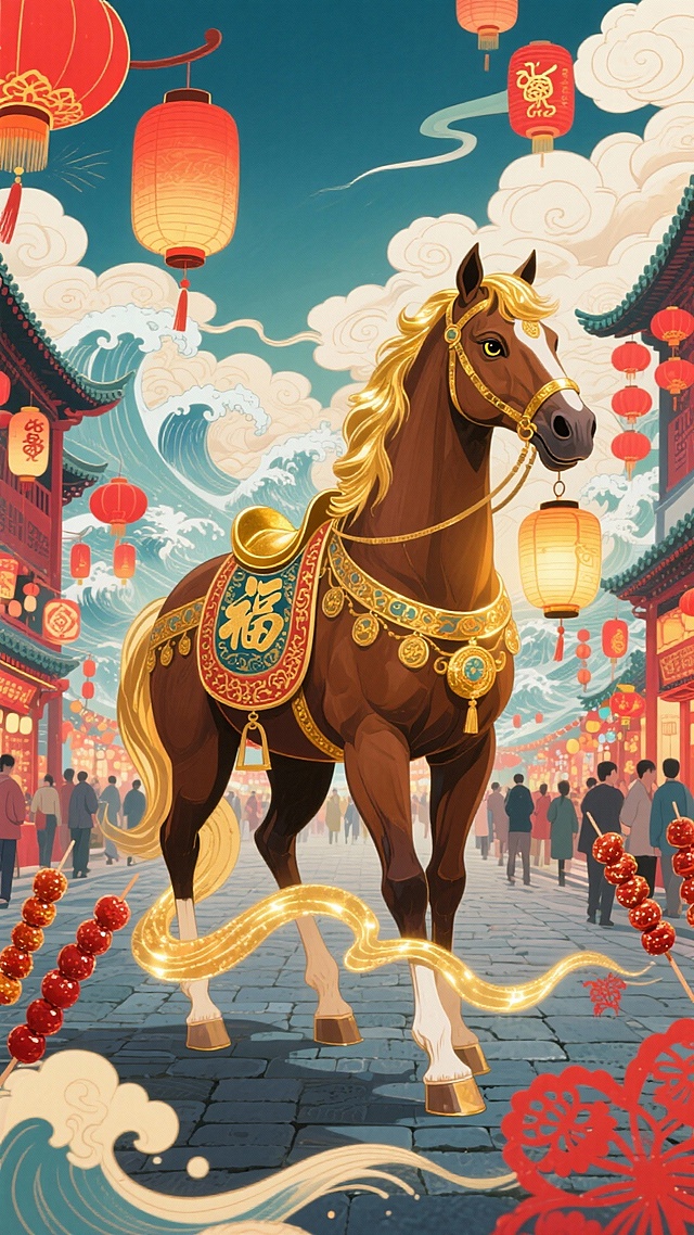 纯扁平风格，描边工笔插画，
主体是饰有福纹彩纹鞍具的金眼鎏金棕马（金色鬃毛带金属光泽，金眼柔和有神，呈静立衔宫灯姿态，周身萦绕淡金光晕，充满神圣感与温婉感）。背景为热闹的新春古街灯会，青石板路两侧挂满红灯笼与生肖灯，人流穿梭，浪涛元素化作金色光带环绕蹄边。点缀糖葫芦与剪纸元素，色调以棕、金、红为主，市井喜庆氛围拉满。
