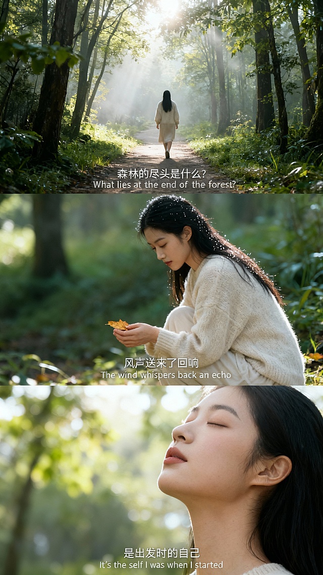 光影交错的森林中，弥散光风轻拂，胶片质感与杂志风融合，营造出清新静谧的文艺意境，唯美的实景感唤起内心柔软共鸣。