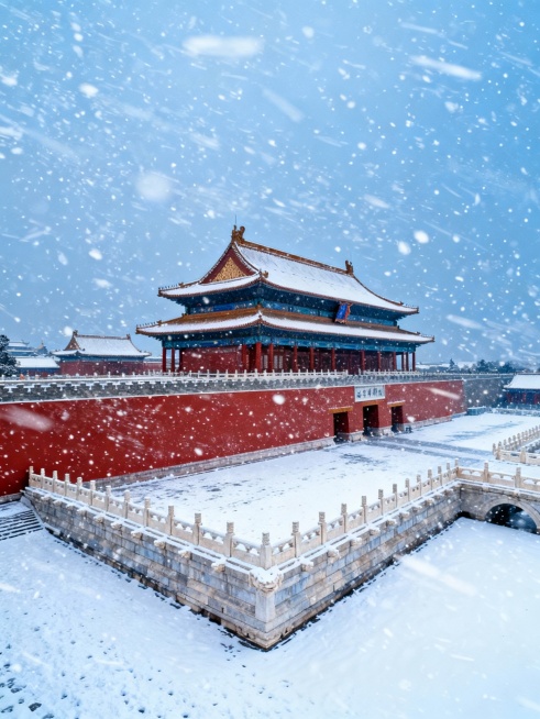 生成故宫下雪了的10张小红书配图和1张封面图，结合文案：落雪紫禁城｜北京初雪已至，故宫又美成了千年前的模样
文案
北京终于下雪啦❄️当雪花落在故宫的檐角、红墙、汉白玉台基上，朱红与雪白撞出的，是独属于预览效果