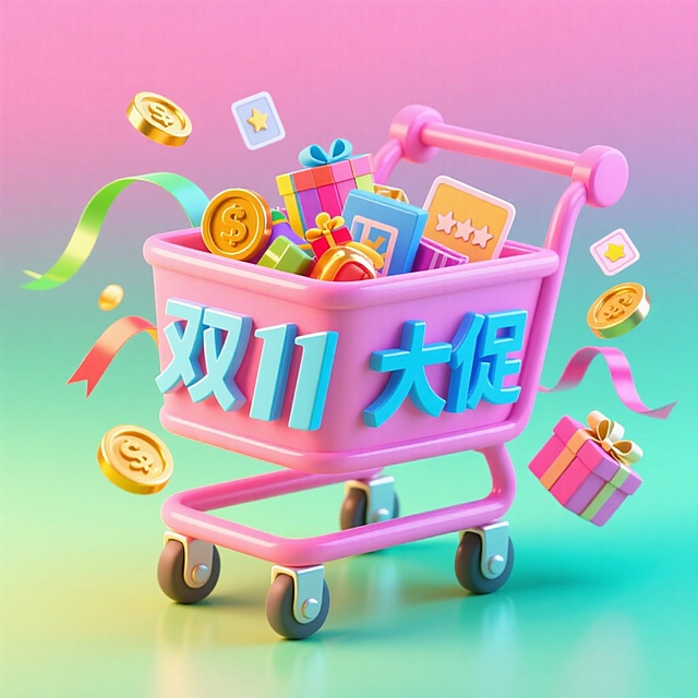 一个装满商品的粉色购物车（车身写着蓝字“双11大促”），周围环绕金币、彩色丝带、礼盒、评分卡片等元素，背景为霓虹灯渐变，促销氛围