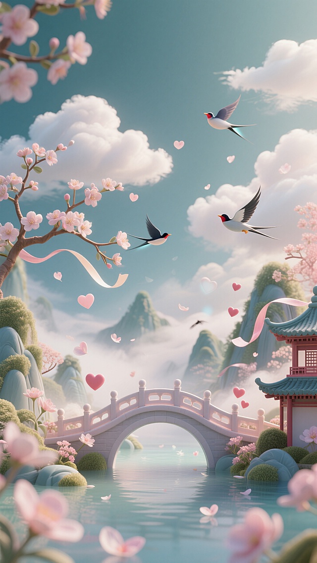 梦幻中式插画风，浪漫超现实主义，心形花瓣飘落，桥亭相映，鸟儿飞翔。