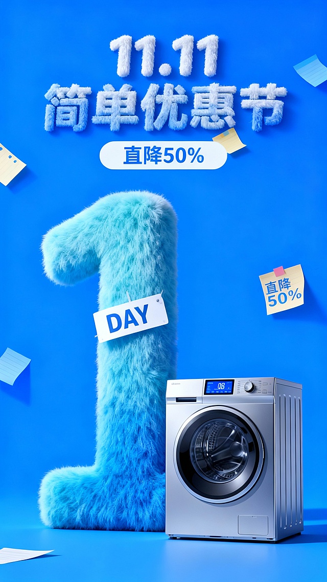 主视觉为一个蓝青色渐变毛绒材质的“1” ，“DAY”标签位于数字“1”上，商品位于画面右下角，背景是高饱和蓝色结合便签纸元素，画面上方为毛绒主标题“11.11 简单优惠节”，“直降50%”便利贴装饰。