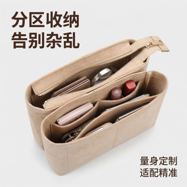 淘宝商品主图，产品是米色绒面蔻驰Rowan22水桶包专用内胆包，核心卖点分区收纳，展示内胆包打开后多个分层口袋的细节特写，风格简约干净高级品质感，背景为浅灰色纯色极简背景，光影柔和，突出内胆包的面料质预览效果
