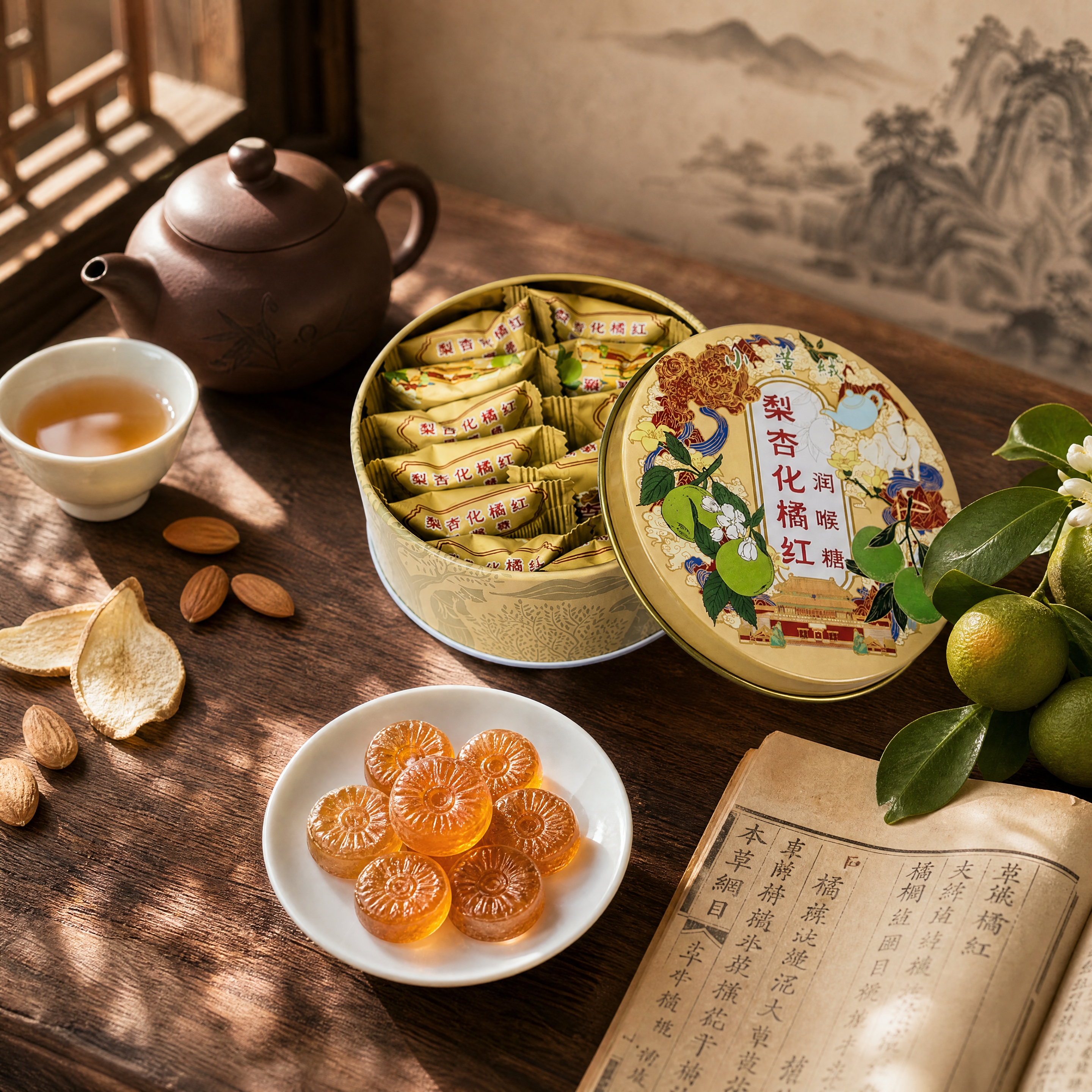 超写实食品商业摄影。 主体：梨杏化橘红润喉糖（含圆形铁盒、独立… - 图片创意预览