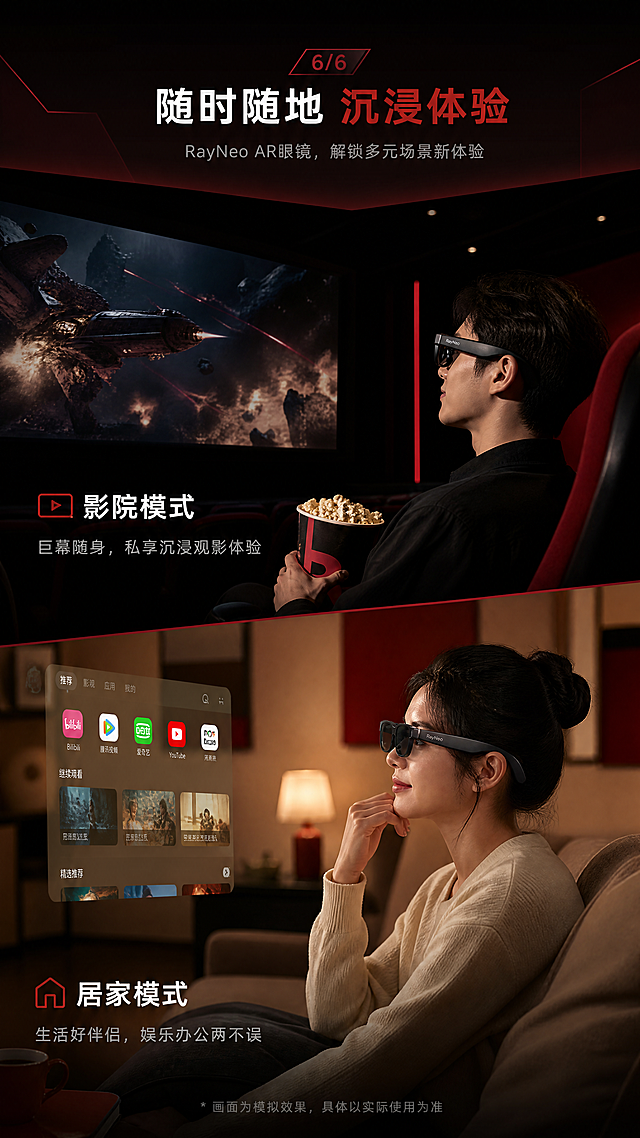 [第6屏] RayNeo AR眼镜场景使用展示，分为影院和居家两个场景分区，影院场景保持深色暗调，居家场景保持柔和暖调，背景主题分别与产品红黑整体主题呼应，每个场景展示真人佩戴AR眼镜使用的状态，产品外观自然真实，场景氛围感强，手机竖版从上到下布局，文字标注风格与前面模块统一。