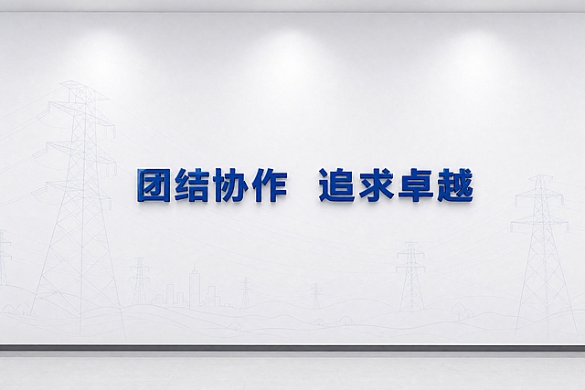 生成横版白墙立体字效果图：整面白色墙面完整显示，墙面底纹为极浅的南方电网电塔/高压输电塔线稿与电力线路图形（浅灰蓝色细线稿，简洁低调）；标语「团结协作 追求卓越」用南网蓝色（深蓝，约#004098）立体亚克力字居中，字体不需要太大、约占墙面宽度45%，每个字有厚度、侧面深蓝色、边缘高光；立体字贴装在白墙上，带柔和投影与轻微透视；画面比例为6:4横向，干净整洁。