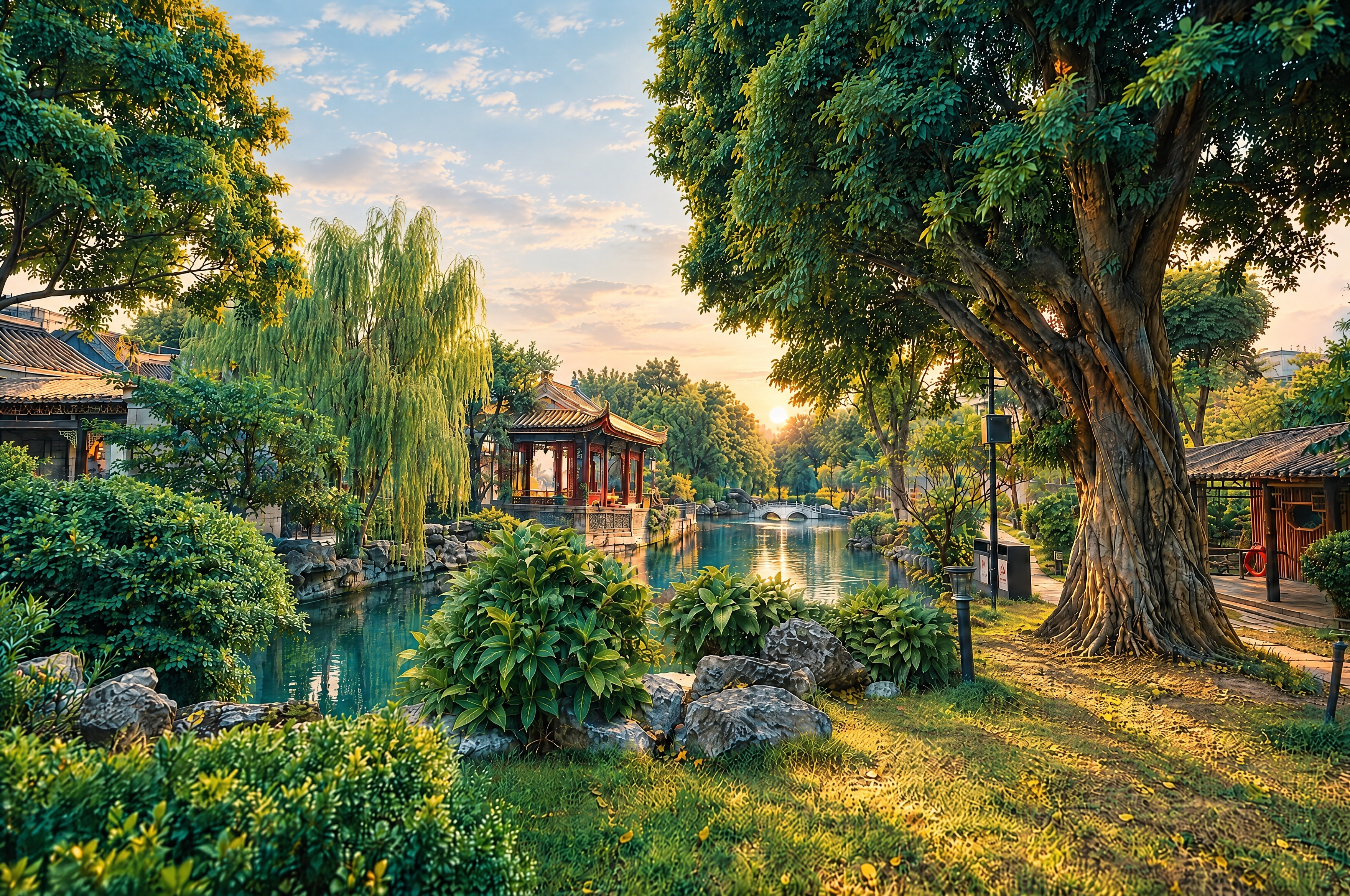 保持园林建筑、树木、水面等景物不变，将天空色彩调淡，减少橙红色… - 图片创意预览