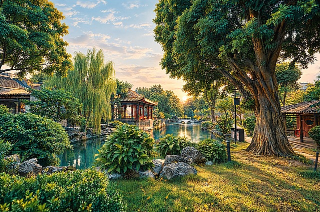 保持园林建筑、树木、水面等景物不变，将天空色彩调淡，减少橙红色晚霞的饱和度和浓度，改为更自然淡雅的天空，云层柔和，整体色调更清新自然，保留电影质感但天空不过于浓重，画面通透舒适