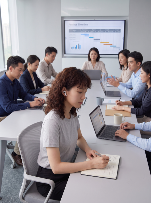 基于当前图片，保留原图女生和蓝牙耳机的样貌、款式颜色不变。在女生左右两侧和周围合理添加多位同事，大家都围坐在会议桌旁，明确呈现围坐开会的真实场景。修正空间布局，避免错位和结构错误，人物位置安排自然合理预览效果