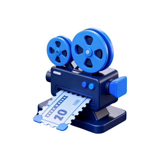 电影演出3D图标，深蓝色为主色调，立体电影胶片/放映机元素，精致光影效果，现代简约设计风格，适合票务应用界面使用预览效果