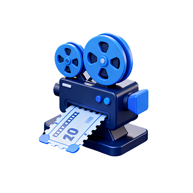 电影演出3D图标，深蓝色为主色调，立体电影胶片/放映机元素，精致光影效果，现代简约设计风格，适合票务应用界面使用