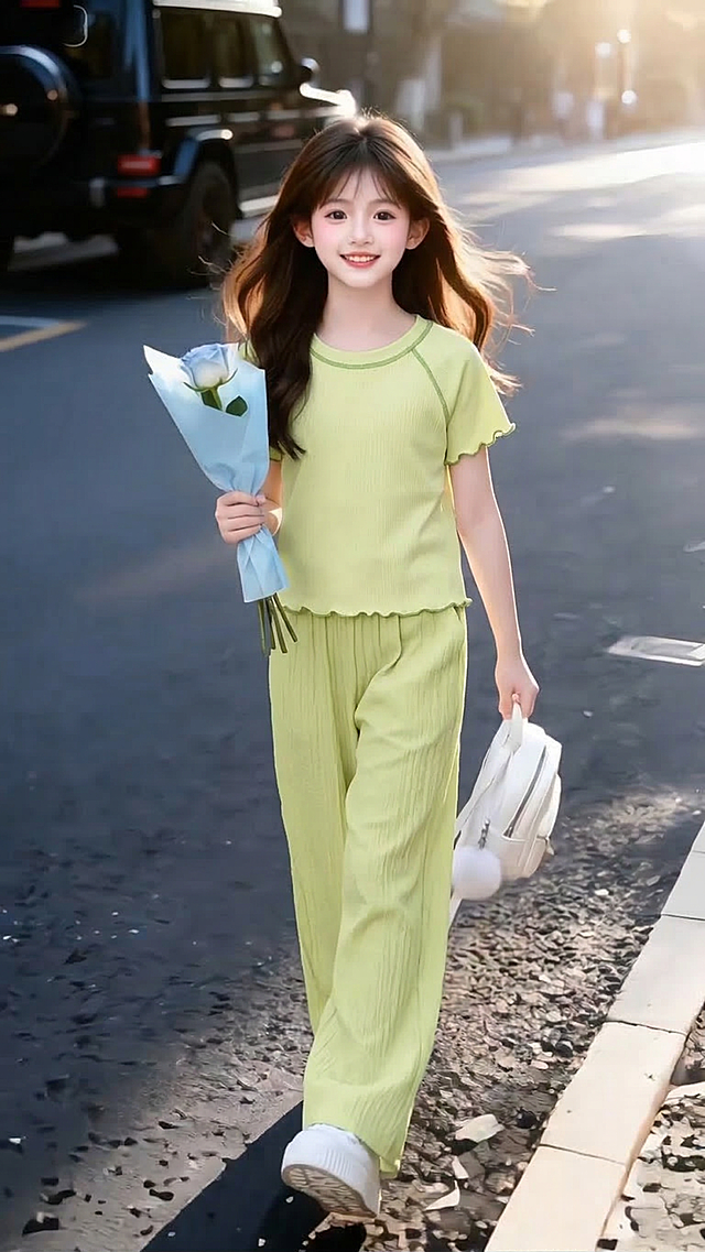 把图1的短袖和裤子给图的2的人物穿上，保留原场景光影，保持图2的人物的五官和发型不变，图片宽高尺寸不变，背景不变，鞋子不变，人物姿势不变，保持图1的短袖和裤子的款式材质不变和颜色不变