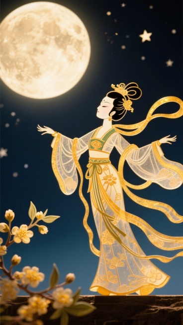 夜晚天空星星点缀，上方一轮超级大超级大的圆月，嫦娥在圆月的中心优美的跳舞，桂花是花骨朵在近景展示，嫦娥的飘带远景到近景都有预览效果