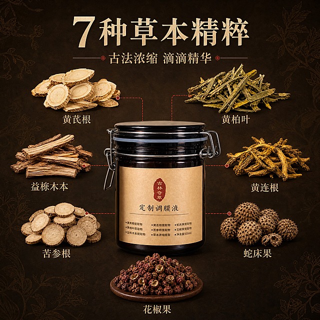[主图-2] 核心成分解析，突出多种草本萃取的专业背书。
[统一基调] 中式草本风格，背景主色为深棕褐色与暖米色，标题字色为深棕色，辅助字色为暖米色，强调色为朱砂红，字体为干净的宋体衬线体，整体传递专业、天然、古法草本的品质感。
[画面] 产品位于画面下方居中，占画面约40%，深棕色卡扣玻璃罐完整展示。画面上半部分及四周环绕六种真实草本原料的特写切片：黄芪根、黄柏叶、益竦木本、黄连根、苦参根、蛇床果、花椒果，每种草本原料以悬浮或摆放的形式呈现，用细金线连接到产品罐身，对应标注成分名称。背景为深棕色渐变，带有细微的草本纹理暗纹，营造专业成分解析氛围。
[光影质感] 均匀柔光，每种草本原料细节清晰，产品罐身有自然光泽，整体画面干净通透，商业摄影质感。
[配色] 深棕褐色背景，暖米色成分名称文字，朱砂红引线和强调点，草本原料自然色泽。
[文字版式] 顶部主标题大字"7种草本精粹"，副标题"古法浓缩 滴滴精华"。每种草本原料旁标注对应名称小字，文字清晰不重叠。主标题在顶部居中，最大最粗。
[输出要求] 1:1比例，2048x2048像素，产品清晰不变形，成分名称准确，文字清晰可读，无水印无平台Logo。负向：成分名称错误、产品变形、画面杂乱、文字遮挡产品、悬浮感过重。