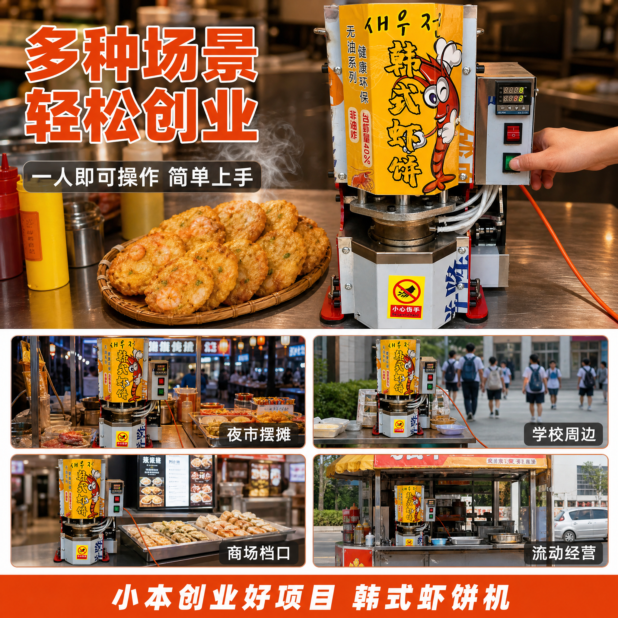 [主图-4] 韩式虾饼机操作场景与适用场景，展示摆摊创业和小吃… - 图片创意预览