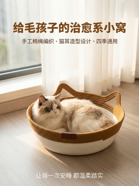 [垫图] https://9]治愈系暖调家居风，午后窗边光影，氛围感拉满；[画面元素]猫窝全景，窗边柔和的自然光洒下，布偶猫慵懒地卧在猫窝内，背景为白色纱帘+浅木色地板，背景铺满全屏无边框；[配色色系预览效果