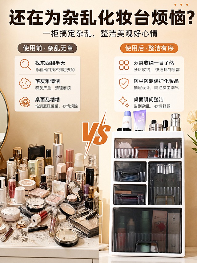 [商品] 使用【图2】【图4】抽屉式化妆品收纳盒；保留白色框架、烟灰色透明抽屉、多层多格结构、顶部置物区，商品原貌不修改。
[画面] 页面目标：痛点对比，展示收纳前后巨大差异。构图：左右分栏对比，左侧50%为杂乱桌面痛点场景（化妆品散落、东倒西歪、积灰），右侧50%为使用收纳盒后的整洁桌面，中间用箭头或"VS"分隔。景别：中景。阅读动线：顶部大标题→左痛点→右解决。前中后景：左右两个并置场景，背景统一暖调墙面。
[视觉] 套系策略：风格=暖色调温馨居家电商风，淘宝拼多多风格，高信息密度；标题字=粗黑体加粗；正文字=清晰无衬线黑体；主色=奶杏色+暖棕；背景延展=基于奶杏色做深浅渐变、同色系层次、暖光光晕；强调色=脏橘色，仅用于小面积图标、引线、标签和重点高亮；标题色=深棕褐色；正文色=暖深灰；组件=圆角暖底信息卡、细线引线、胶囊标签；光影=左前侧暖柔光，柔和阴影。
[文字] 顶部主标题"还在为杂乱化妆台烦恼？"，左侧3个痛点标签配图标：「找东西翻半天」「落灰难清洁」「桌面乱糟糟」，右侧3个解决点：「分类收纳一目了然」「防尘防潮保护化妆品」「桌面瞬间整洁」，文字横排，手机端可读。
[规格] 图片比例3:4竖版，4K分辨率，负向提示：避免冷蓝冷灰背景、产品变形、文字过小、极限词、平台Logo、二维码、水印、夸张恐吓式痛点。