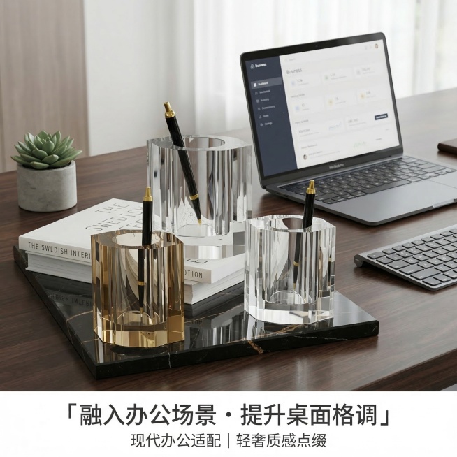 严格还原上传的水晶笔筒产品图，包括包装设计、颜色、LOGO位置、文字内容、图案元素等所有细节，笔筒尺寸80mm×80mm×100mm，产品放置在现代办公桌面场景中，搭配笔记本电脑、无线键盘、小型绿植，预览效果