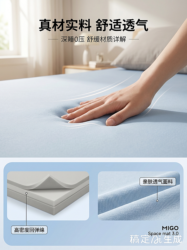 [主图-3] 材质细节展示-0压床垫面料与填充主图。
[氛围风格] 温馨居家真实感，风格光影与前两图统一；
[画质] 商业摄影质感、光线柔和通透、产品清晰真实、画面干净高级。
[元素] 七三分构图，上部特写浅蓝色床垫面料，一只手轻轻按压床垫，展示面料柔软回弹质感，画面干净突出材质。下部两个等宽圆角图框，左图展示床垫剖面的高密度回弹海绵填充，细线引线标注「高密度回弹绵」，右图展示表层透气亲肤面料微距纹理，引线标注「亲肤透气面料」。保持产品颜色和厚度和原图一致，光影方向、卧室背景色调和首图统一，满屏无边框。
[光影] 和首图一致的左侧自然光，清晰突出面料纹理凹凸质感，明暗自然。
[配色] 保持浅蓝床垫浅灰背景统一色调，低饱和度干净简约。
[视角构图] 上部分全景特写，下部双宫格细节，构图清晰层次分明。
[文字版式] 顶部居中大标题「真材实料 舒适透气」大字粗体，图框内文字标注简洁清晰，不遮挡细节。
[比例分辨率] 3:4比例，2k分辨率；文字清晰锐利，画面超高清。
[负向提示词] 变形，水印，文字错乱，产品图模糊，背景杂乱，遮挡主体，光影不统一，材质失真
