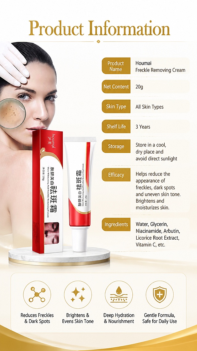 [第8屏] Product specification page for Houmai Freckle Removing Cream. This screen uses [image1] product image to keep appearance consistent. Main title: "Product Information