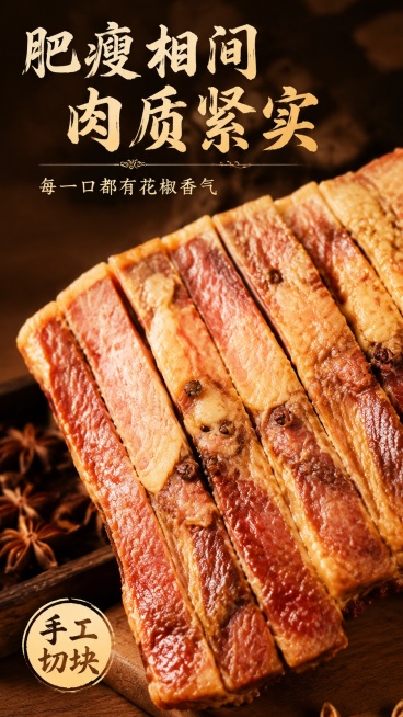 [第3屏] 产品质地特写屏，花椒排骨肥瘦纹理细节展示。本屏使用【图3】作为产品主体，展示切面纹理。
[氛围/风格] 微距美食特写，暖调硬光突出肉质纹理，油润光泽，高质感商业摄影，诱人食欲。
[元素布局预览效果