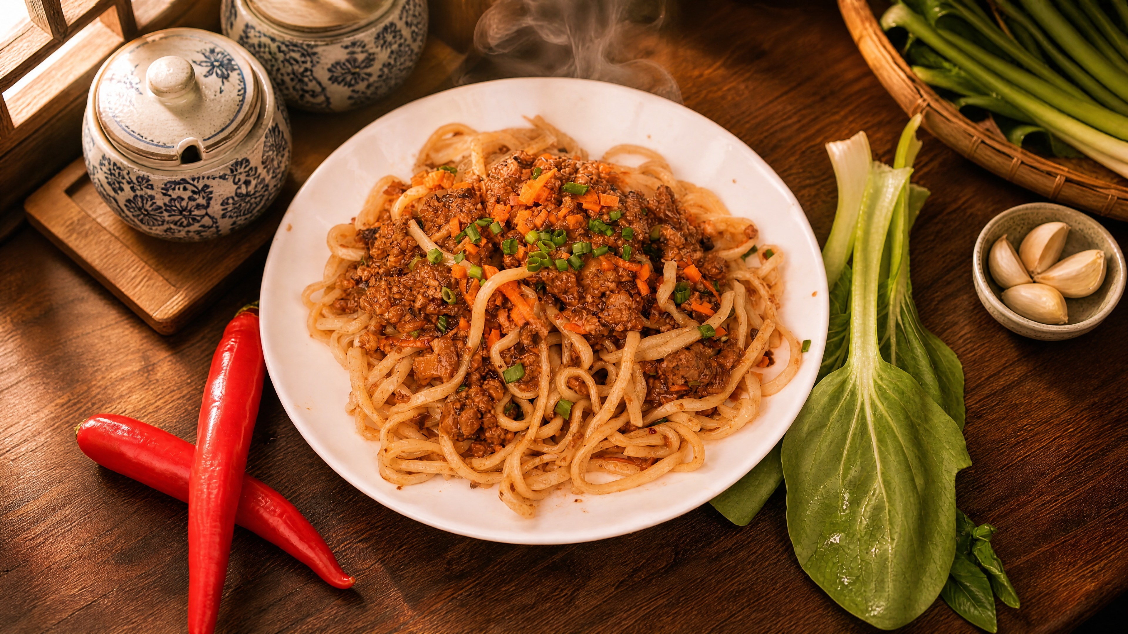 肉酱拌面严格参照上传产品图，完整保留白盘、面条、肉酱、胡萝卜丁… - 图片创意预览