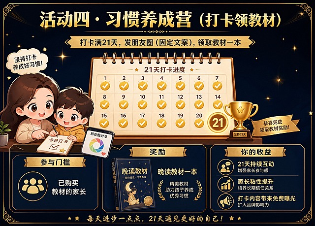 A4横版招商宣传手册内页，黑金高端商务风格，Q版卡通插画风格。页面大标题为"活动四 · 习惯养成营（打卡领教材）"。画面中央是一个温馨的打卡日历场景，日历上标注着21天打卡进度，从第1天到第21天逐渐点亮，最后一天有金色奖杯和教材奖励。主视觉文案"打卡满21天，发朋友圈（固定文案），领取教材一本"。画面分为三个信息板块：左侧"参与门槛"——已购买教材的家长；中间"奖励"——晚读教材一本（配精美教材书插图）；右侧"你的收益"——21天持续互动、家长粘性提升、打卡内容带来免费曝光。配Q版卡通人物：一位妈妈和孩子一起开心打卡的温馨画面，旁边有朋友圈分享图标。整体黑金配色，深蓝色渐变背景配金色装饰线条和边框，Q版卡通风格，温暖有动力，排版精致