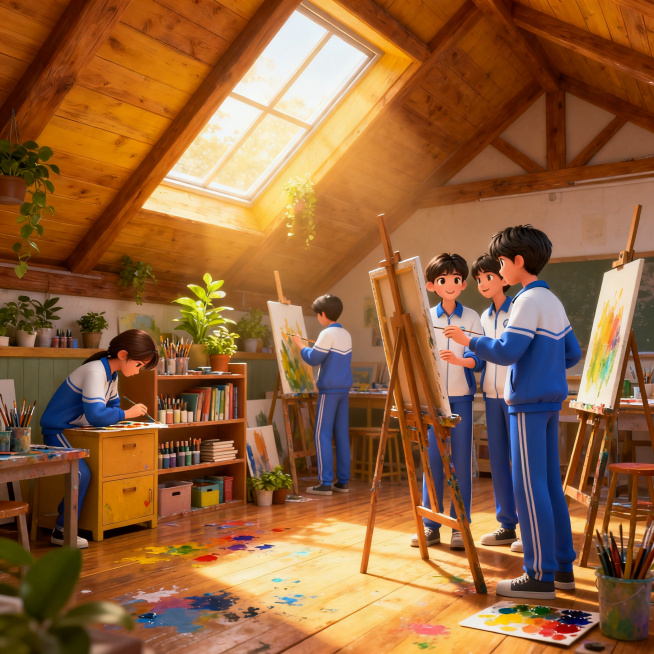 温馨治愈的 3D 插画，洒满阳光的阁楼美术教室，原木质感空间，天窗漏下暖融融自然光，木地板散落斑斓颜料痕迹，书架矮柜整齐摆放画材，错落绿植增添新生机，身着蓝白校服的高中生围在画架前，或低头专注调色、或预览效果