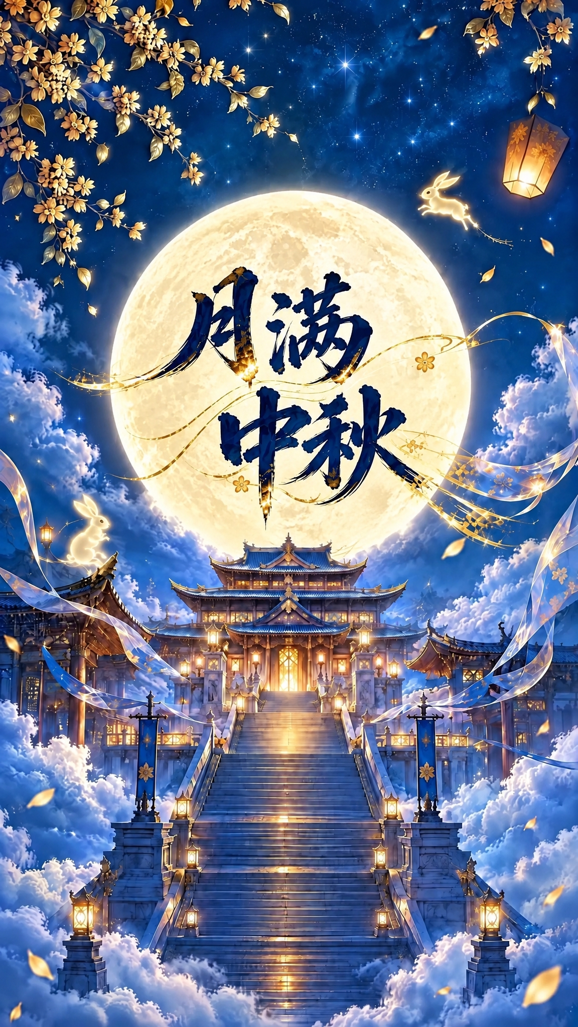 将图中“月满中秋”四个字稍微缩小一点点，保持原有的深蓝色鎏金书… - 图片创意预览