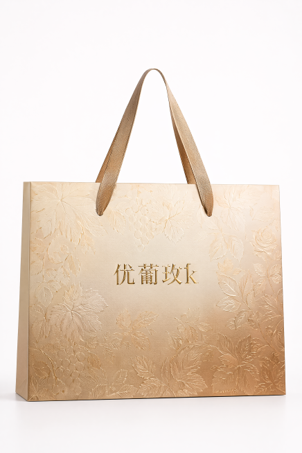 商业产品摄影，正面平视视角，宽底自立式手提袋，米白到浅棕的渐变特种纸材质，过渡柔和温润。袋身正面是浮雕+浅烫金结合的葡萄叶与玫瑰叶满底暗纹，肌理感高级，袋身正中是浮雕烫金的"优葡玫k"品牌名，搭配浅棕预览效果