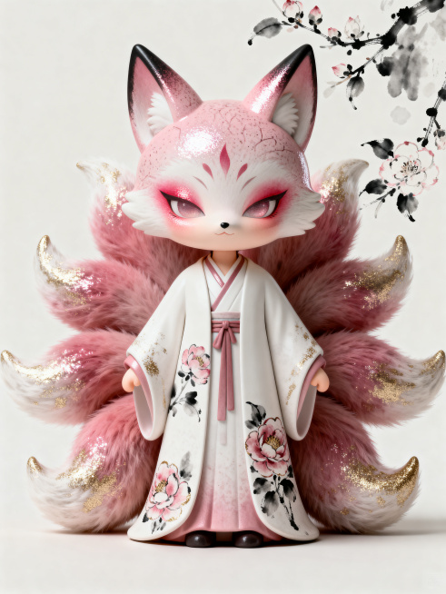 OC渲染器，泡泡玛特潮玩风格，3D立体Q版可爱九尾狐全身形象，哑光树脂表面仿山茶花瓣纹理，烟粉胭脂哑光底色、纹路嵌浅金细闪，触感带细腻颗粒且花瓣纹路显层次阴影，面部绢丝肌理、染胭脂水墨晕染、颊边叠胭脂预览效果
